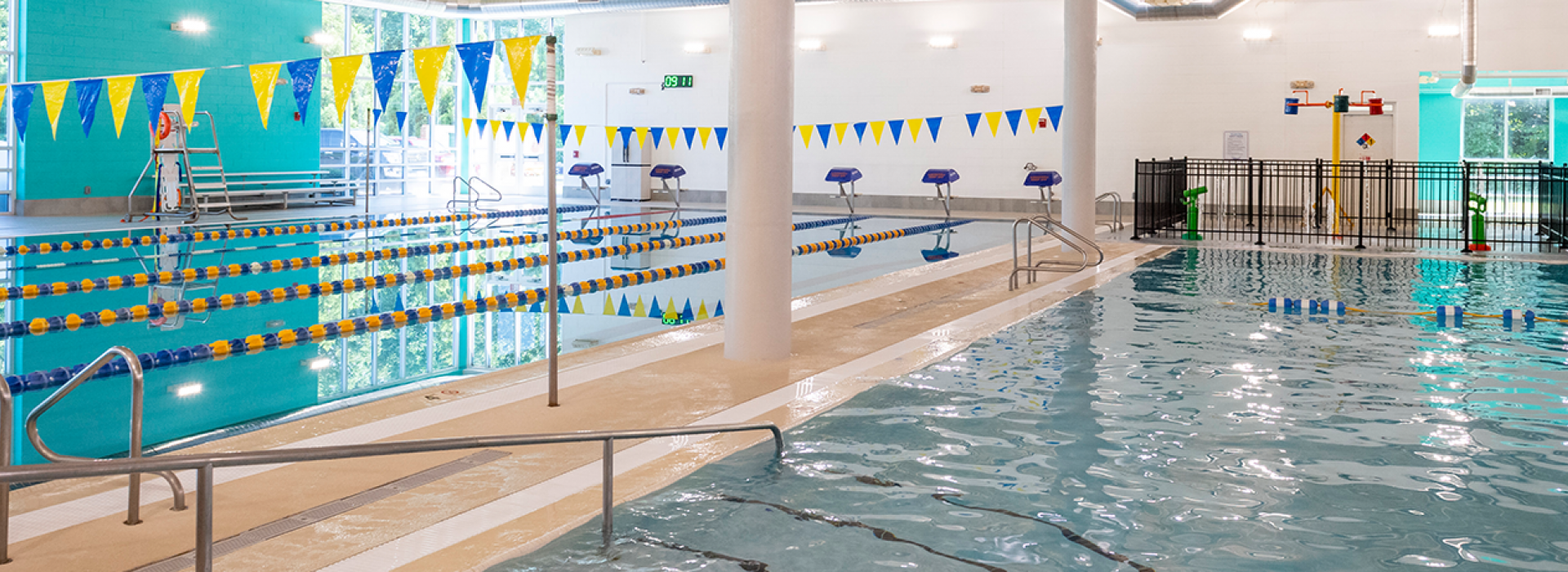 Pool with lap lanes, splash pad, and family pool